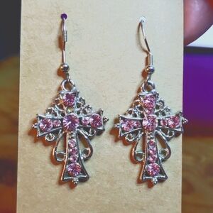 Dangle Cross Earrings Silvertone with Pink Rhinestones